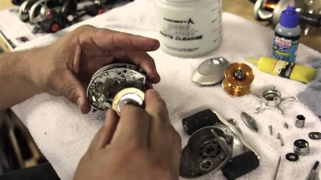 baitcaster reel pulled apart being cleaned