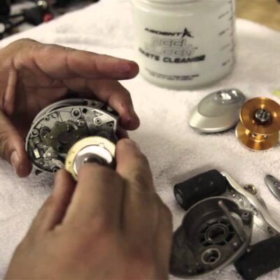baitcaster reel pulled apart being cleaned