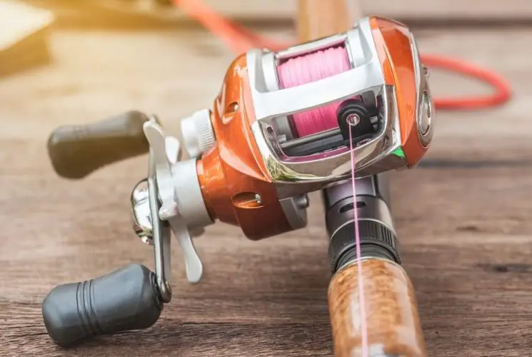 Baitcasting reel on a rod spooled