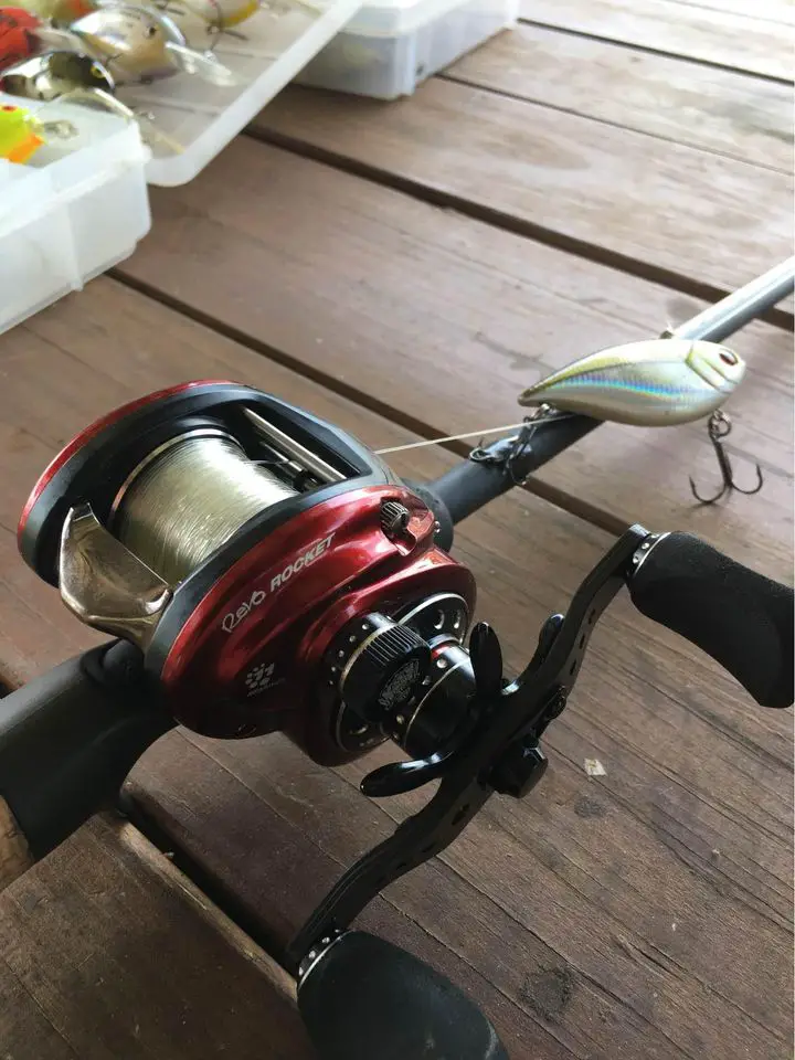 abu garcia revo rocket baitcaster on rod with lure spooled