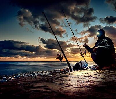 Night fishing on coast at sunset time