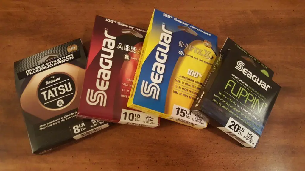multiple seagar fluorocarbon fishing line packets in a row