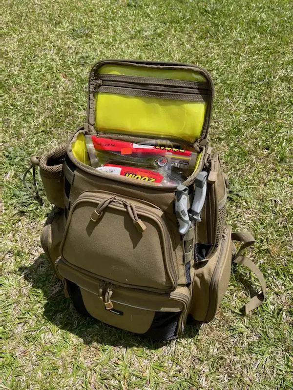 piscifun tackle backpack with lid open