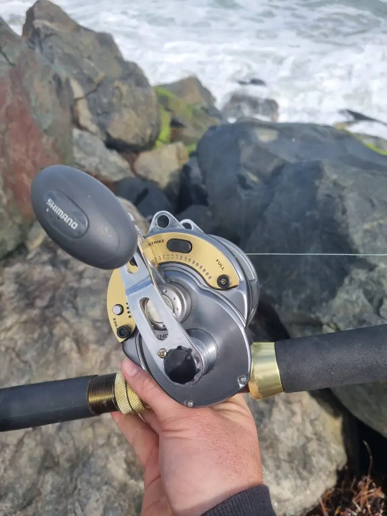 Me holding up a Shimano Tyrnos overhead reel in strike drag mode
