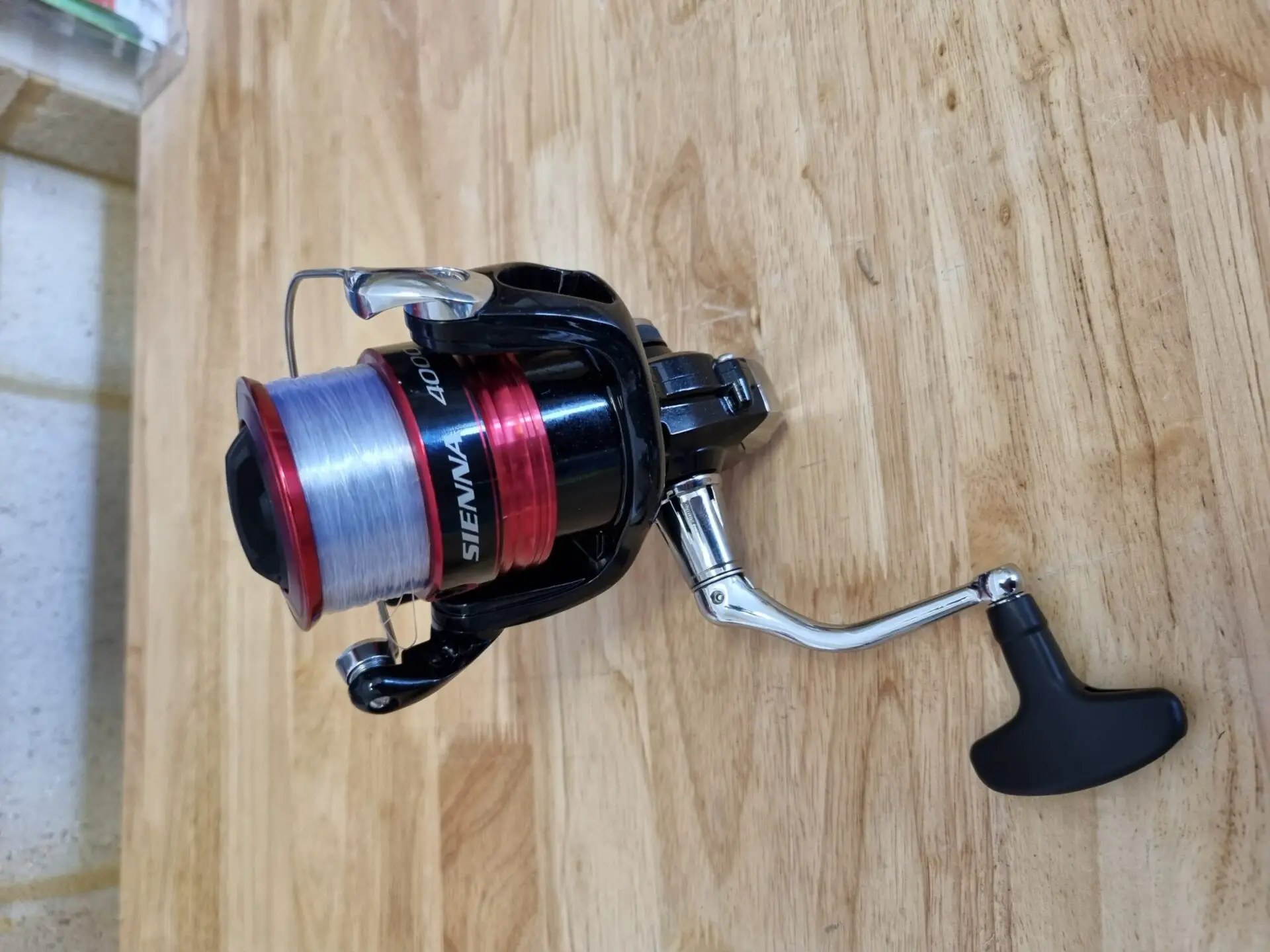 Shimano Sienna FG 4000 sitting on a bench spooled with 10 lb mono line