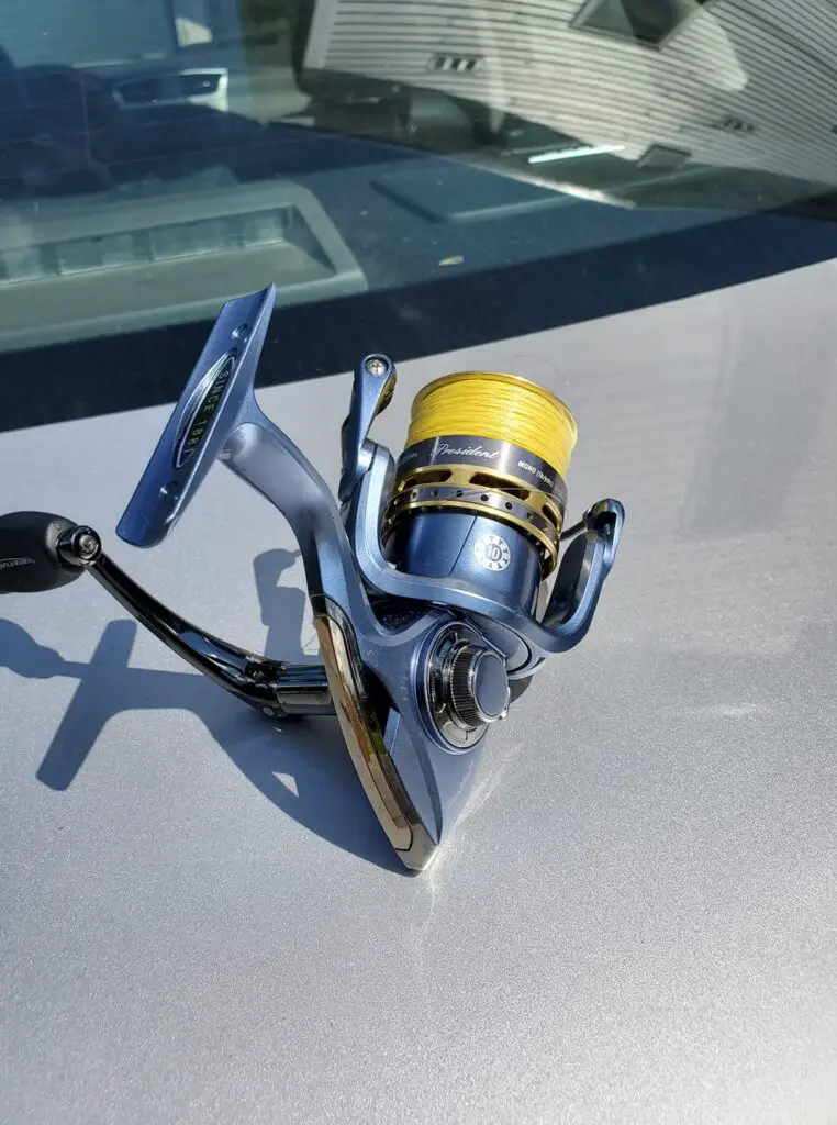 Pflueger President spinning reel spooled before testing in the field